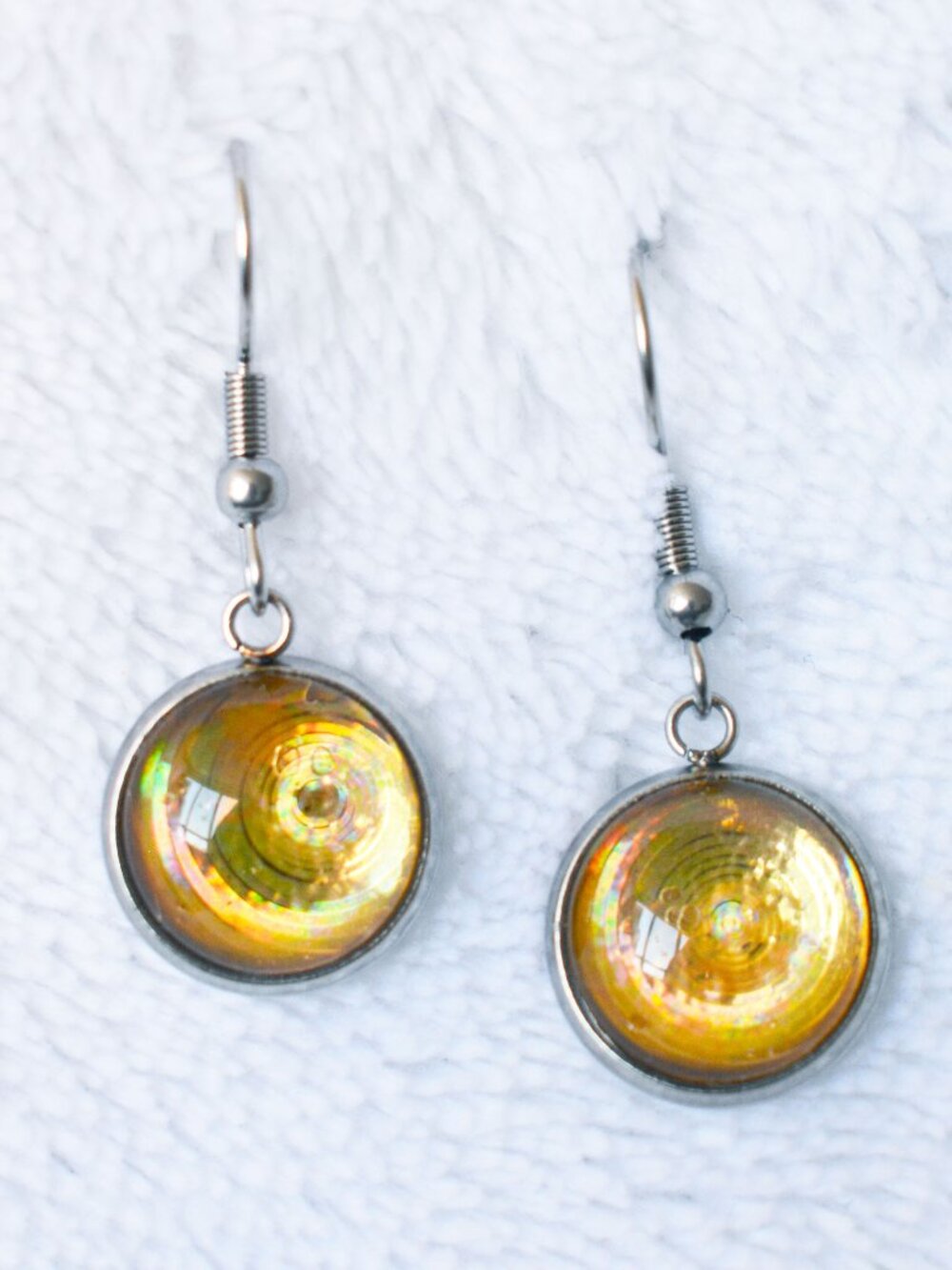 Holographic Gold Spiral Cabochon Dangle Earrings Hypoallergenic Jewelry
